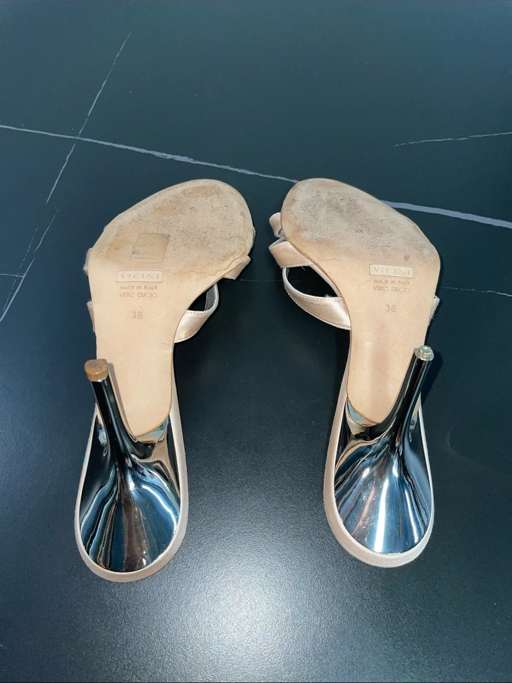 GUISEPPE ZANOTTI CRYSTAL AND SILVER TONE CHAMPAGNE SATIN HEEL MULES FTL-08-203